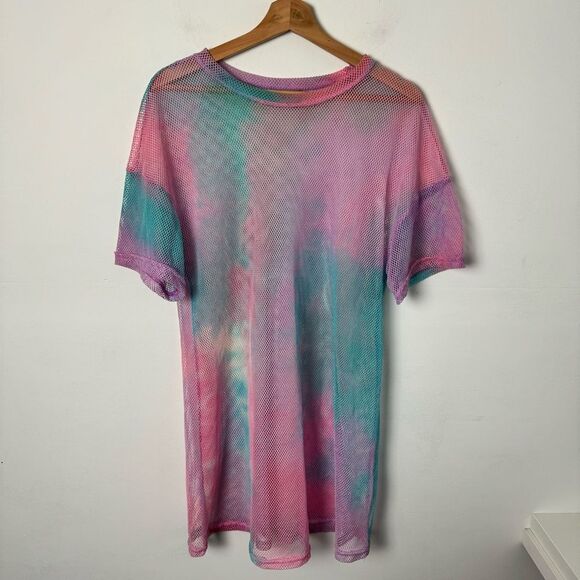 Pastel Rainbow Pink Blue Fishnet Mesh Swim Cover Up and Festival Dress One Size - Picture 4 of 13